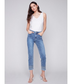 Embroidered Hem Jeans - Medium Blue