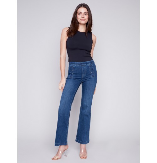 Flare Jeans with Decorative Buttons - Indigo Flare Jeans with Decorative Buttons - Indigo