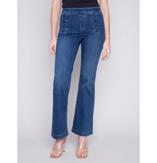 Flare Jeans with Decorative Buttons - Indigo Flare Jeans with Decorative Buttons - Indigo