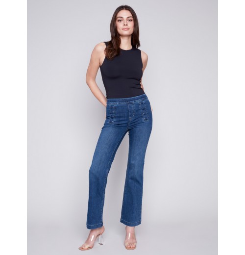 Flare Jeans with Decorative Buttons - Indigo Flare Jeans with Decorative Buttons - Indigo