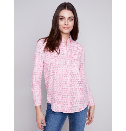Linen Blend Button-Down Shirt - Flamingo Linen Blend Button-Down Shirt - Flamingo