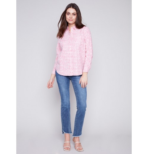 Linen Blend Button-Down Shirt - Flamingo Linen Blend Button-Down Shirt - Flamingo