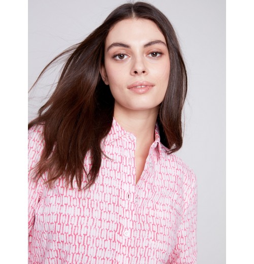 Linen Blend Button-Down Shirt - Flamingo Linen Blend Button-Down Shirt - Flamingo