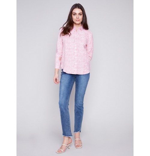 Linen Blend Button-Down Shirt - Flamingo Linen Blend Button-Down Shirt - Flamingo