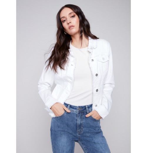 Twill Jean Jacket with Frayed Edges - White Twill Jean Jacket with Frayed Edges - White