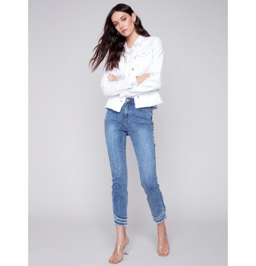 Twill Jean Jacket with Frayed Edges - White Twill Jean Jacket with Frayed Edges - White