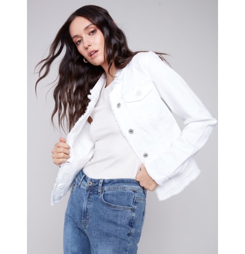 Twill Jean Jacket with Frayed Edges - White Twill Jean Jacket with Frayed Edges - White