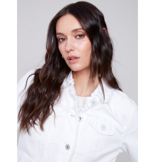 Twill Jean Jacket with Frayed Edges - White Twill Jean Jacket with Frayed Edges - White