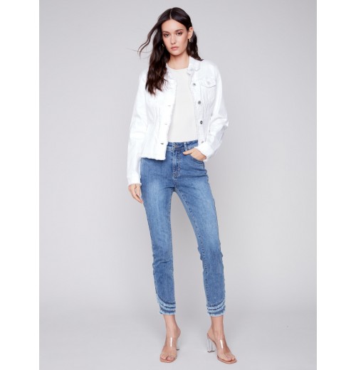 Twill Jean Jacket with Frayed Edges - White Twill Jean Jacket with Frayed Edges - White