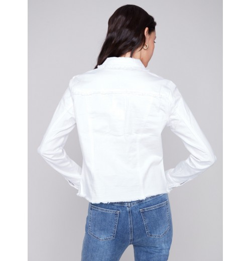 Twill Jean Jacket with Frayed Edges - White Twill Jean Jacket with Frayed Edges - White