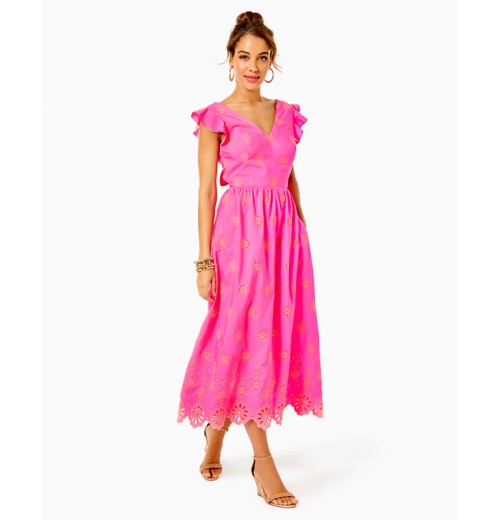 Lillyanne Flutter Sleeve Eyelet Midi Dress Lillyanne Flutter Sleeve Eyelet Midi Dress